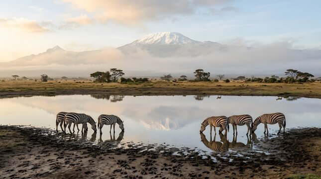 Zebras drinking at waterhole with mount kilimanjaro in the background