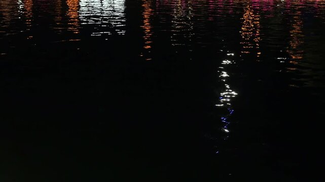 Colorful light reflections on water ripples at night, abstract neon background with copy space.
Abstract colorful reflections on rippling water at night with glowing blue, yellow and pink lights. 