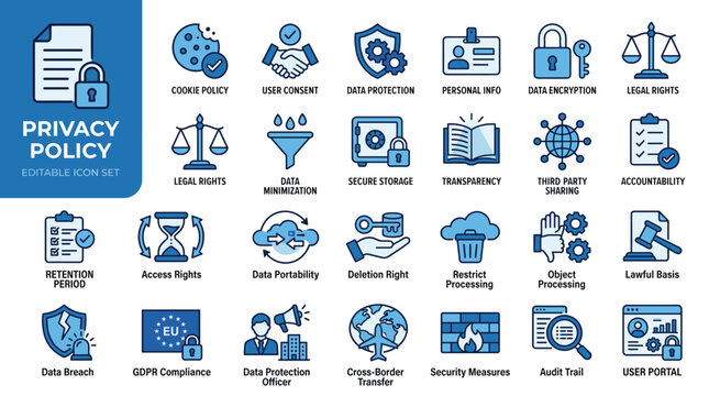 Privacy policy icon set, GDPR compliance and data protection vector symbols, blue flat line icons for cybersecurity and legal rights
