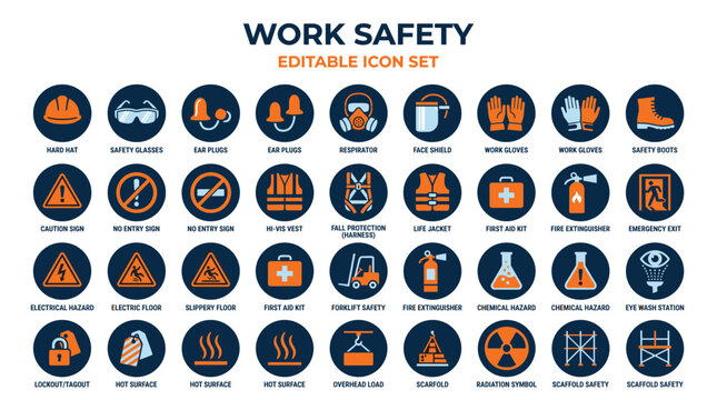 Work safety editable icon set, industrial PPE and occupational health symbols, 36 circular protective equipment vector icons for construction