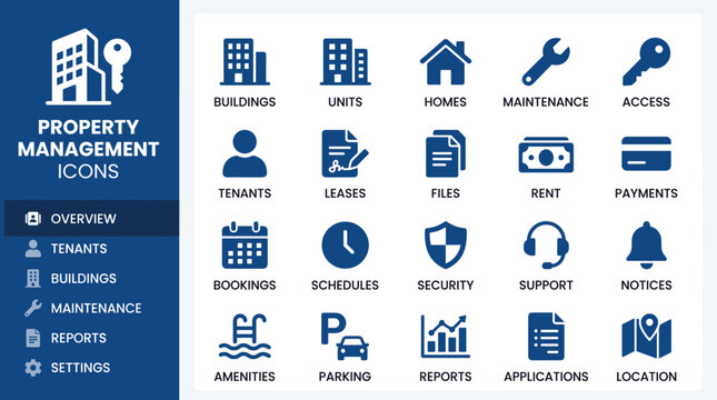 Property management icons set, real estate rental and leasing vector symbols, professional apartment administration and building maintenance graphics