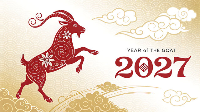 Year of the goat 2027 red goat jumping with clouds and flowers on white background transparent background
