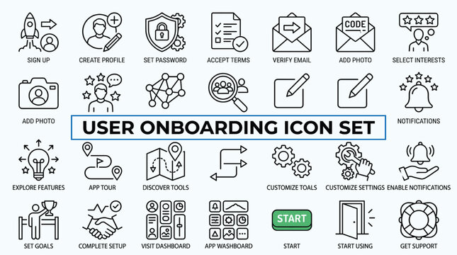 User onboarding icon set, 28 linear vector icons for mobile app registration and profile setup, thin line UI elements for website UX design