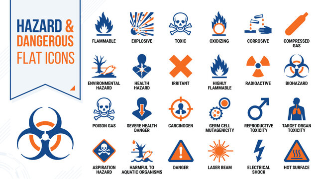 Hazard and dangerous flat icons set, chemical safety warning symbols in blue and orange, industrial risk and toxic substance vector collection