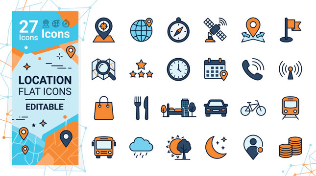 Location flat icons set, 27 editable vector map pins and travel symbols, orange and blue navigation signs for mobile apps and web design