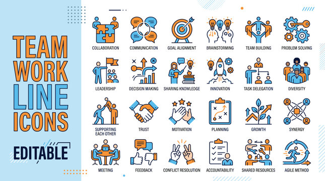 Teamwork line icons set, business collaboration and leadership vector symbols, professional corporate management and partnership graphics in blue and orange