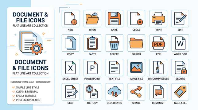 Document and file icons flat line art collection, 24 editable vector icons for office management, blue and orange business software interface symbols