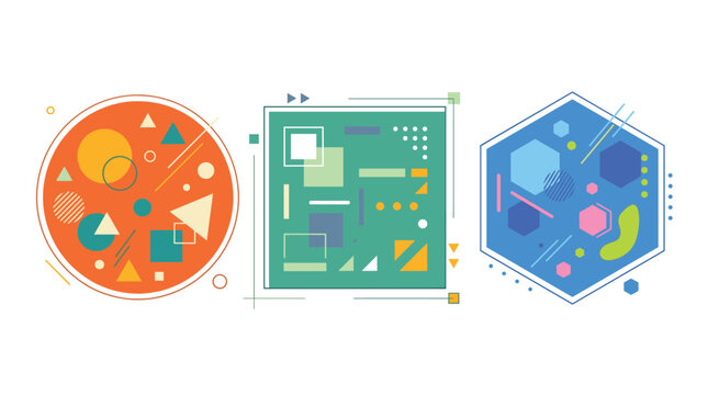 Abstract geometric vector shapes set, colorful flat Memphis style design elements, modern circle square and hexagon frames for branding and web graphics