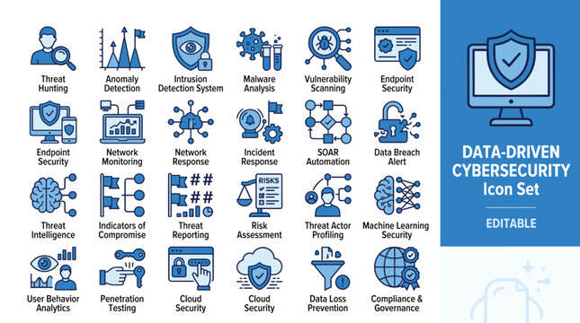 Cybersecurity icon set for data-driven network protection, blue flat line icons for threat hunting and cloud security, 24 editable vector elements