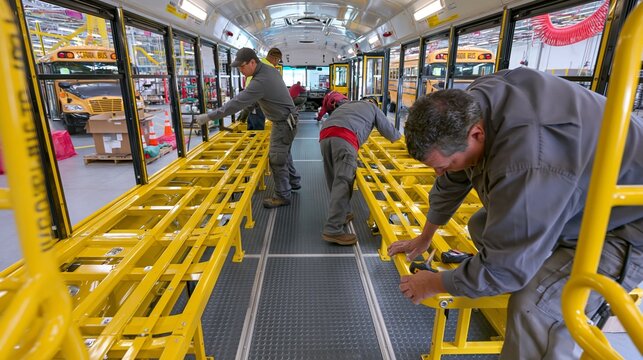 Medium shot showing workers assembling durable school bus bench seats and nonslip flooring emphasizing safety features and functional handrail positioning.