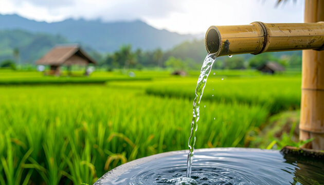 Clear water flowing from bamboo spout into stone basin with rice field backdrop