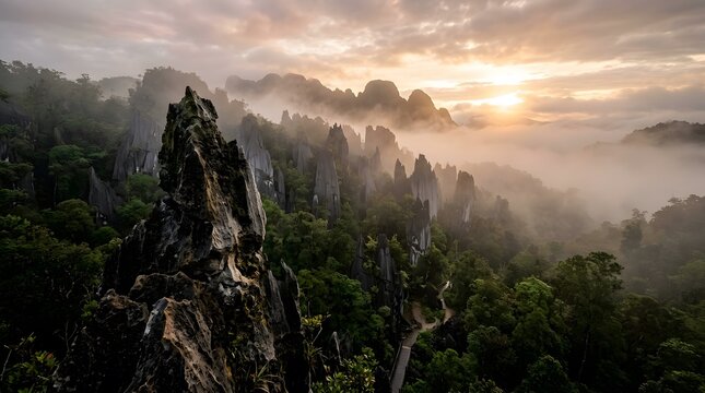 Gunung mulu national park limestone pinnacles at sunrise sarawak borneo