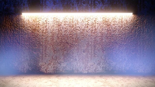 Industrial 3D Background Slow Zoom in to Dark Rusty Wall with Warm Neon Light and Fog