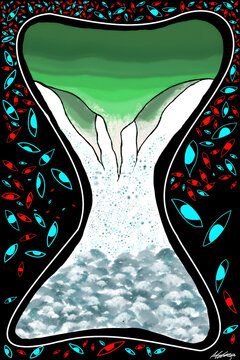Surreal cosmic waterfall inside a giant hourglass with fluffy clouds and a starry splash, surrounded by mystical red and blue eyes on a dark background