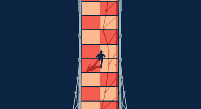 person climbing tall ladder to success or danger