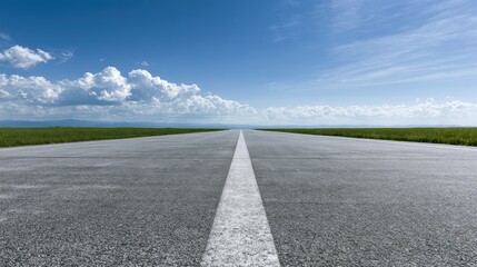Obraz premium A vast, empty asphalt road stretches to a horizon under a bright, cloud-dappled sky