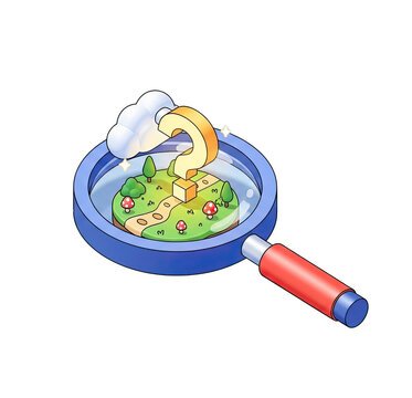 A blue magnifying glass with a green and yellow island inside, with a question mark on top.