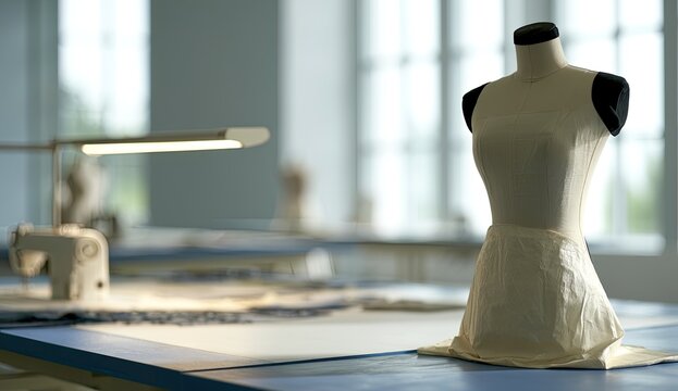 Mannequin draped in paper muslin on a table in a bright, sunlit sewing studio