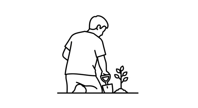 Man kneeling to plant a young sapling in the ground carefully