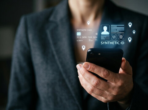 Synthetic identity fraud concept with smartphone and digital card overlay, anonymous person in dark suit