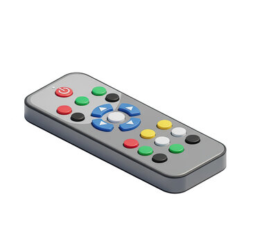 A gray remote control with various colored buttons and a power button on the top left.