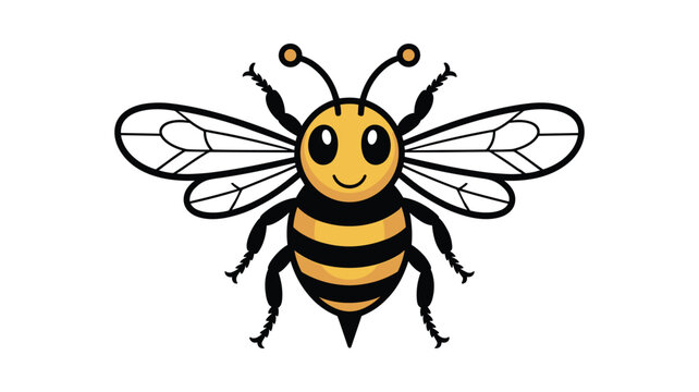 Yellow cartoon bee with black stripes and wings standing on white background insect
