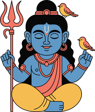 Blue Deity with Trident and Birds, Meditating, Hindu Symbolism, Stock Illustration