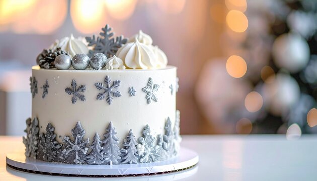 A cake decorated with white and silver accents, intricate snowflakes, and shimmering edible glitter, creating a winter wonderland theme. sweet