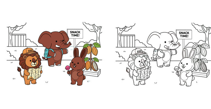 Cute Zoo Animals with Snacks and Map - Coloring Page