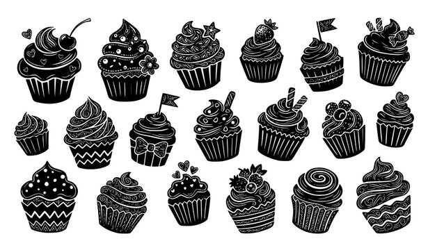 Cute hand drawn cupcake silhouette set with sweet dessert designs vector illustration