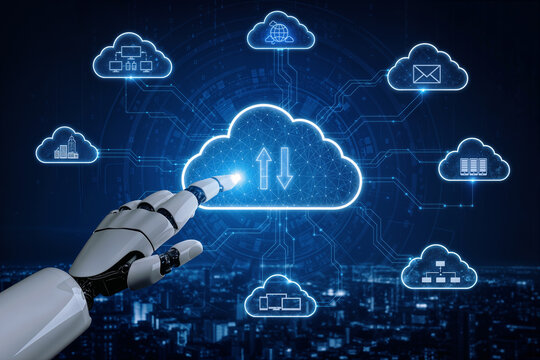 Robotic hand interacting with multi cloud network system cloud computing data transfer synchronization hybrid cloud infrastructure AI automation enterprise connectivity cybersecurity