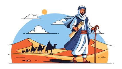 Desert Nomad's Journey: A solitary nomad, wrapped in traditional desert attire and holding a scroll, stands against a backdrop of vast sand dunes and a caravan of camels. © mstmahmuda