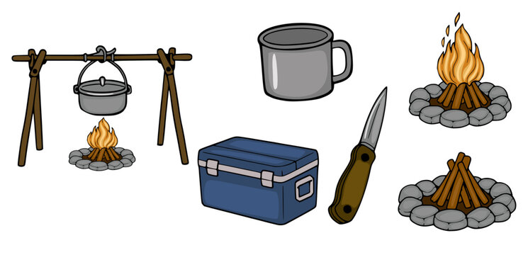 Camping essentials vector illustration: campfire, pot, cooler, mug, knife