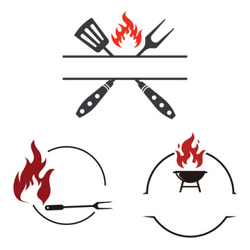Barbecue monogram frames with crossed spatulas, grilling forks, and flames for custom grill master logos.