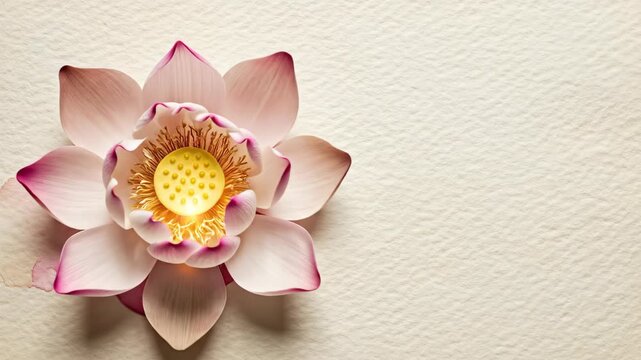 Watercolour animation of white pink lotus blooming slowly in wet-on-wet spread on cream paper, gold centre glow, right paper copy space, Guru Purnima sacred lotus wisdom artistic b-roll.