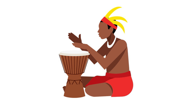 Man playing African djembe drum sitting.