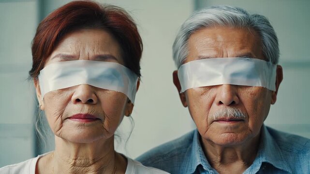 Portrait of an elderly Asian couple wearing white blindfolds, symbolizing themes of loss of sight, mystery, dependence, or trust in the future.