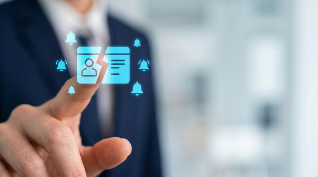 Identity verification synthetic fraud business man finger touch digital icon security alert online profile data protection access control