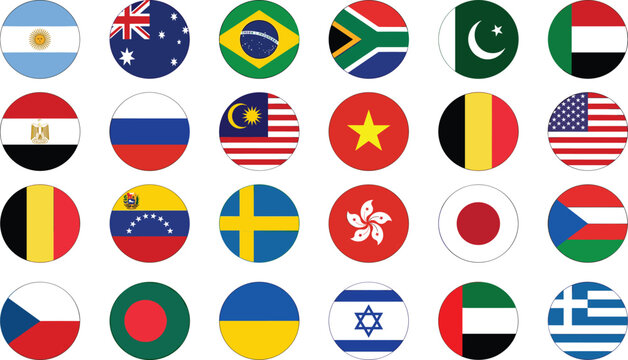 Colorful circular icon set featuring diverse international national flags representing global countries, cultural diversity, and world unity