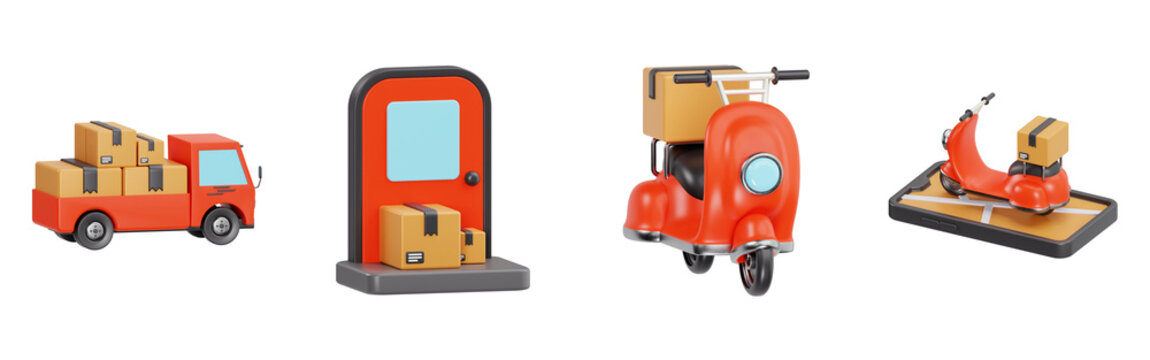 3D courier delivery service icon set with transport truck, scooter, doorstep delivery, and mobile tracking map