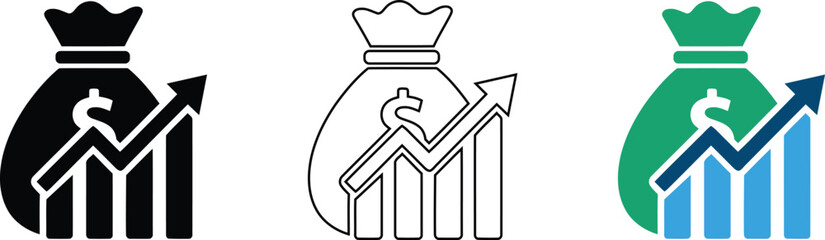 Naklejka premium Financial Growth and Investment Profit Icon Set with Money Bag, Dollar Symbol and Rising Bar Chart Arrow Vector Illustration