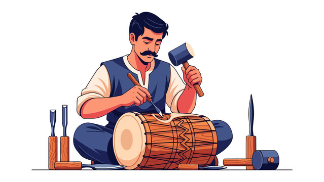 Artisan Crafting a Traditional Drum: A craftsman with a mustache sits cross-legged, meticulously carving a traditional drum using a hammer and chisel, surrounded by his tools.
