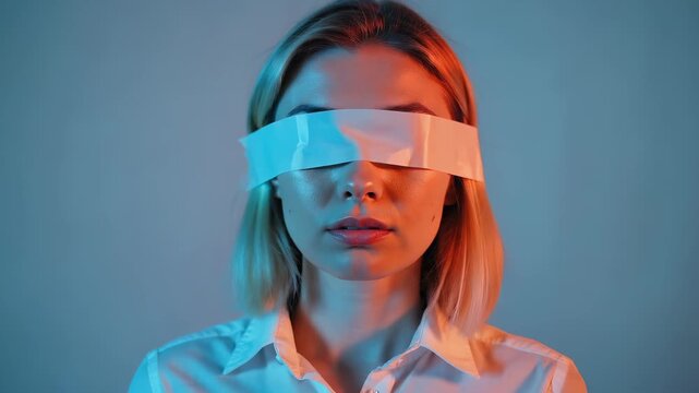 Conceptual portrait of a young blonde woman wearing a blindfold mask of tape, suggesting themes of mystery, sensory deprivation, and vulnerability