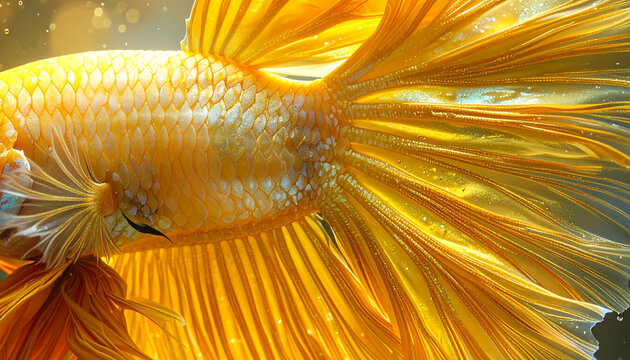 Close up of a golden betta fish showing intricate details and flowing fins