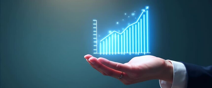 Hand presenting holographic business growth efficiency symbol representing expansion efficiency in empty space background concept as A hand showcases holographic business growth efficiency symbol illu