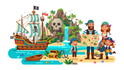 Pirate Family Adventure: A jovial pirate family stands on a tropical island beach, poring over a treasure map, with a pirate ship anchored offshore and a waterfall cascading down a rocky cliff. © Md