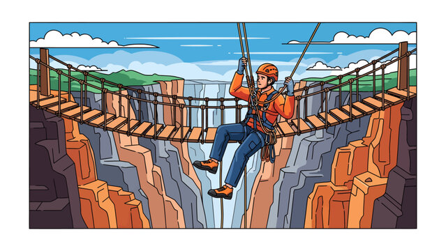 Zip-lining Adventure: A thrilling illustration of a person zip-lining across a deep canyon, suspended by a cable attached to a suspension bridge.