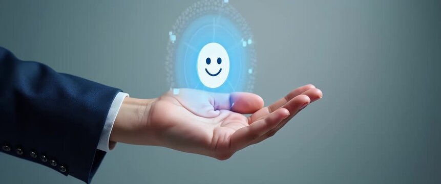 Hand presenting holographic emotions symbol representing empathy understanding emotions in empty space background concept as A hand showcases holographic emotions symbol illustrating empathy and under