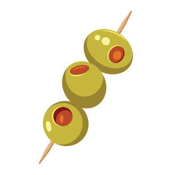 Green Olives Stuffed with Pimento on a Cocktail Skewer Vector Illustration
