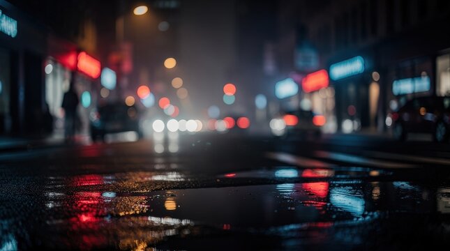 A blurry urban street scene at night with colorful bokeh lights reflecting on wet pavement.